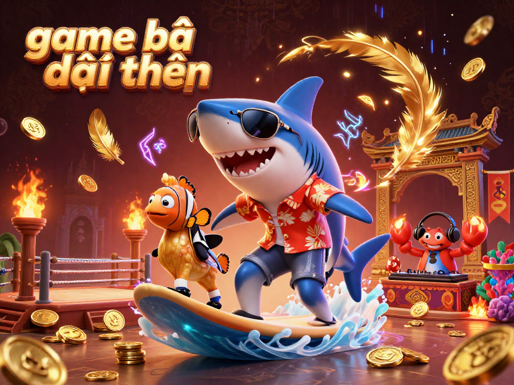 Experience the thrill of game bài đổi thưởng with our vibrant 3D illustration featuring a shark and clownfish.