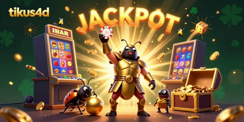 Tikus4d showcases a victorious beetle character celebrating a casino jackpot amidst vibrant gaming elements.