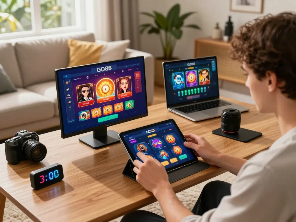 Engaging with GO88 casino app on a tablet for strategic online gambling in a cozy home.