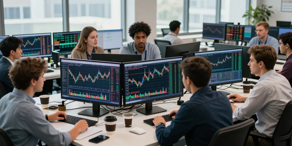 Aktivitas trading dinamis di kantor modern dengan berbagai trader menganalisis data pasar, menciptakan suasana kolaboratif untuk Kakakjudi.