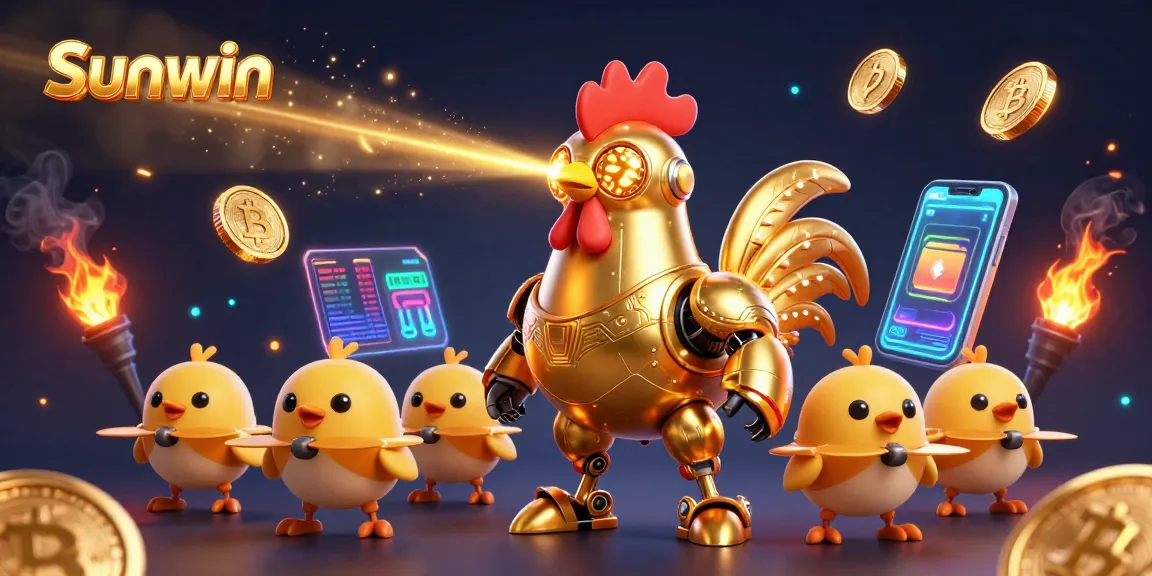 Sunwin offers thrilling gameplay with a vibrant golden rooster robot and crypto elements highlighting the excitement of online gambling.