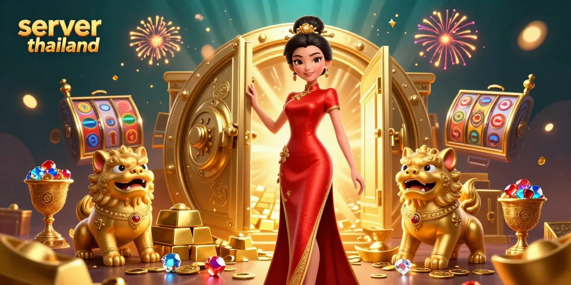 Spin the vibrant slot reels amid a glamorous 3D scene showcasing server thailand themes with gold treasures and joyful characters.