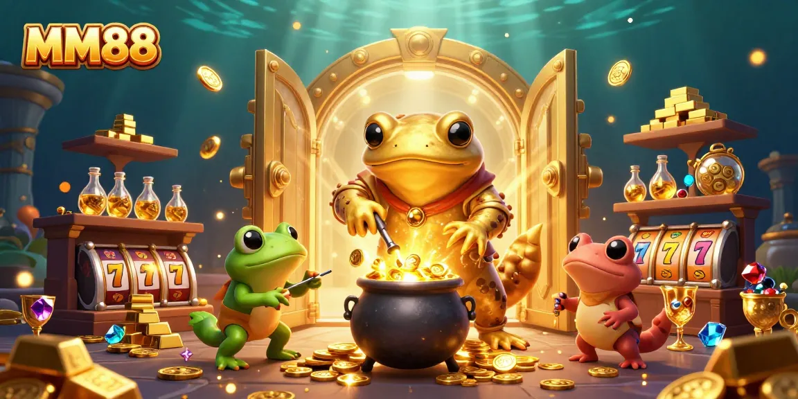 MM88 engages players with a dazzling illustration of a golden alchemist among slot game treasures.