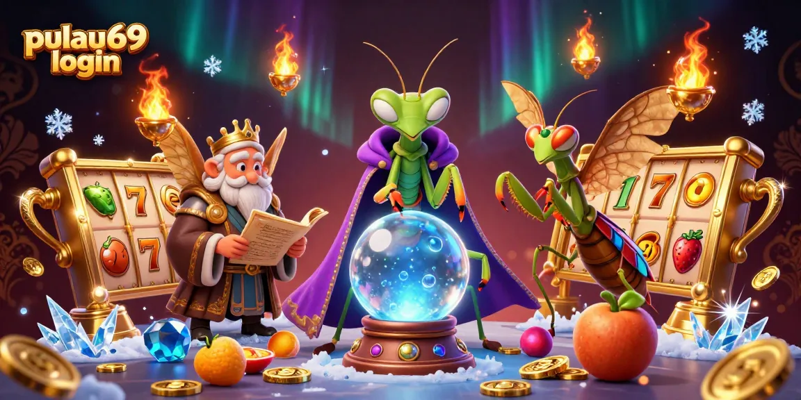 Engage in a vibrant casino experience with pulau69 login, featuring slot reels and a mystical fortune teller.