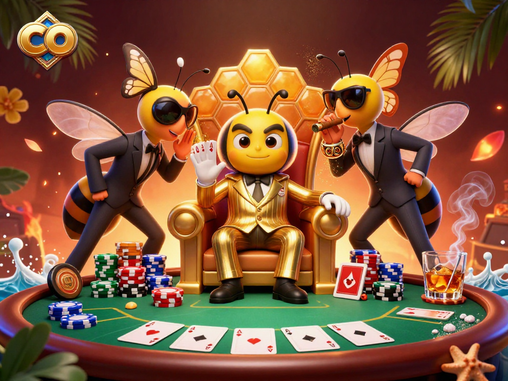 Engage with co to play thrilling poker at this vibrant casino scene featuring a bumblebee mob boss.