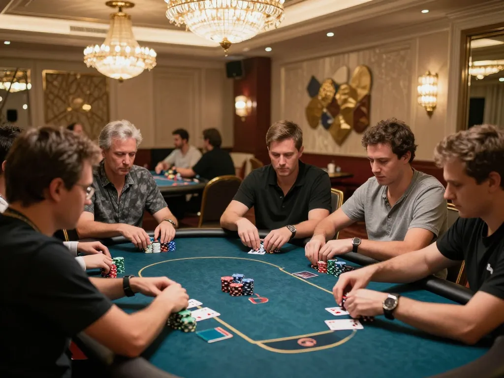 W69 poker players strategizing their bets at a luxurious casino table with soft lighting.