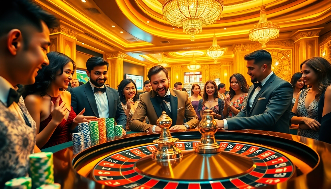 Casinospielen am Roulettetisch mit Dealer und Spielern in einem lebhaften Casino.