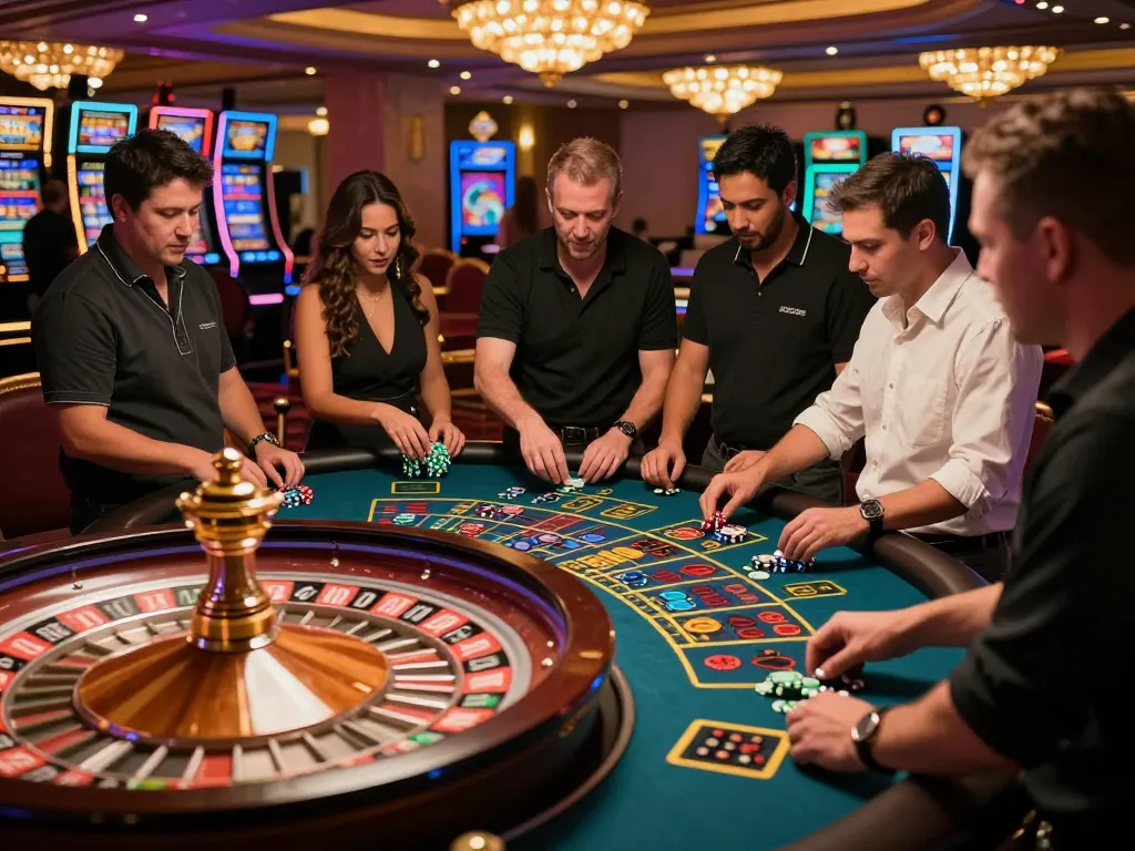 Experience the thrill of dh88 roulette with players engaged around a spinning wheel in a luxurious casino.