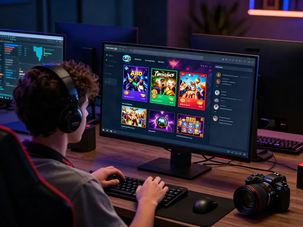 Player engaging with A80's online gaming platform featuring dynamic game icons on vibrant screens.