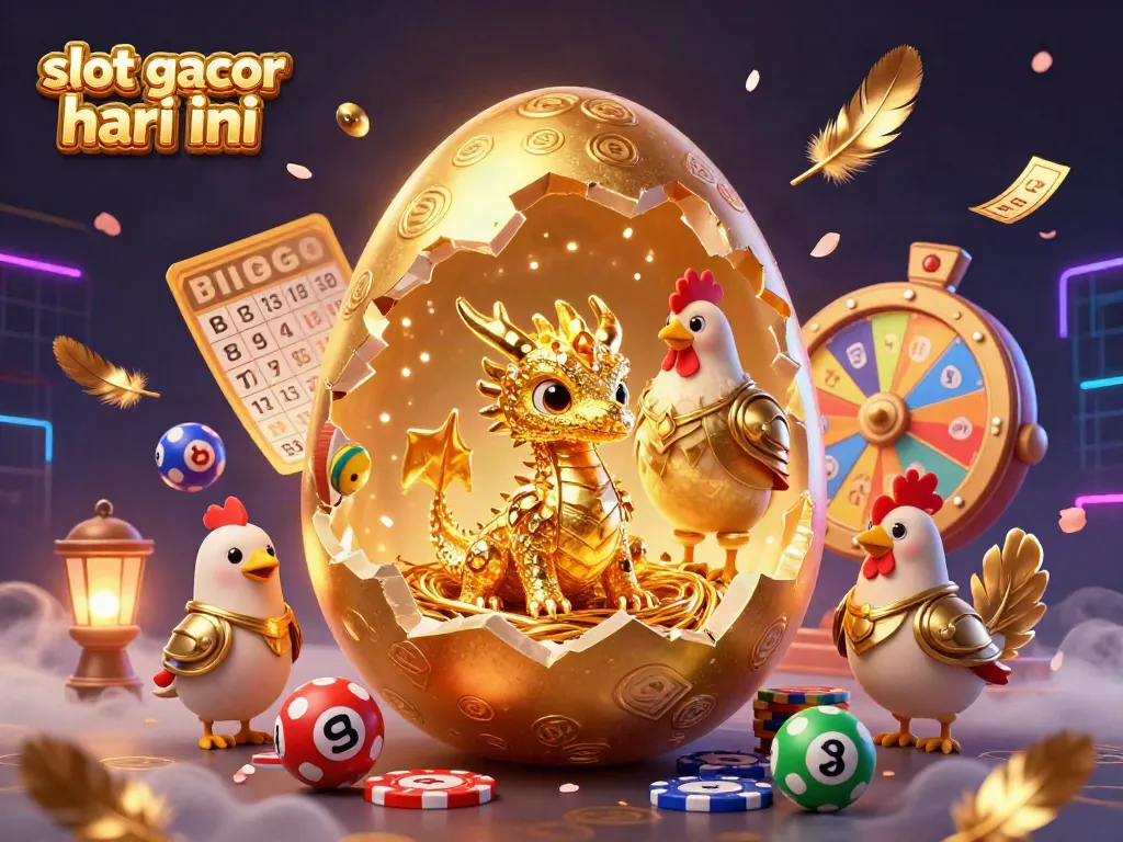 Experience thrilling slot gacor hari ini with golden dragon and poker chip nest illustration.