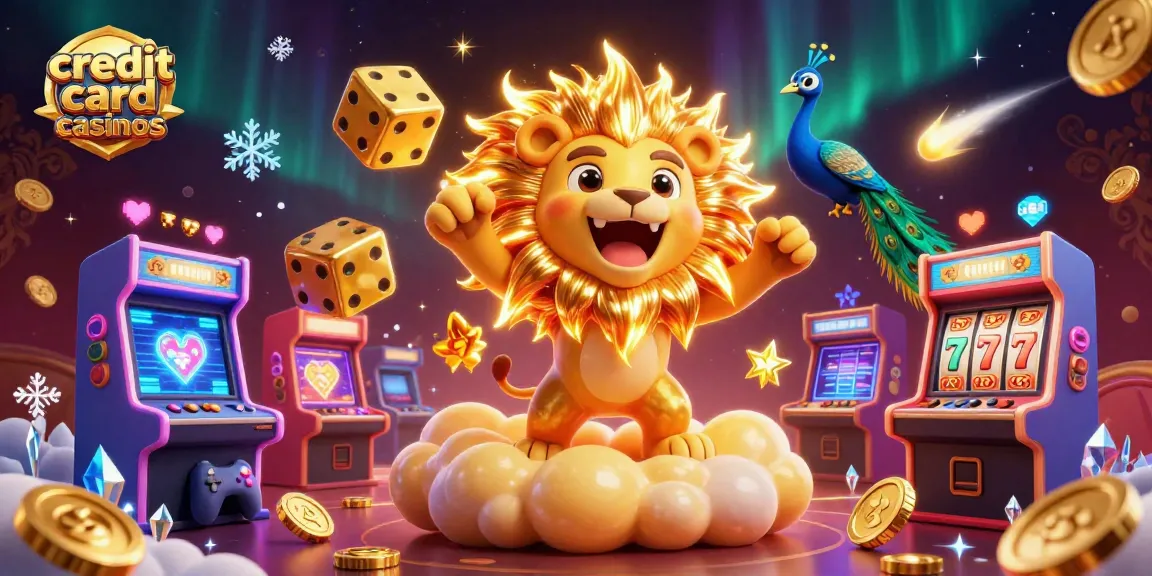 Play at credit card casinos with vibrant games and golden elements in a magical 3D casino scene.
