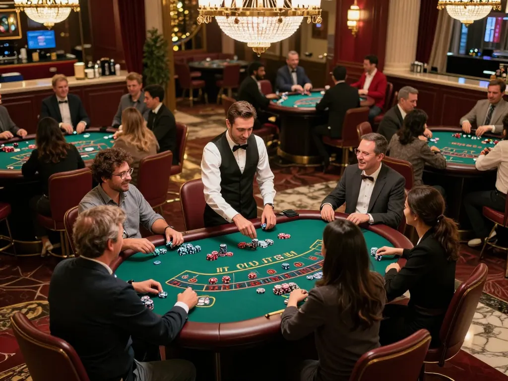 SC88 players enjoying a lively game of blackjack in an upscale casino, showcasing excitement and strategy.