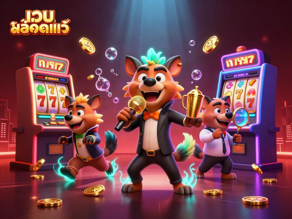 Experience a lively casino scene with เว็บสล็อตแท้ hyenas entertaining as slot machines spin with vibrant colors and gold coins cascading.