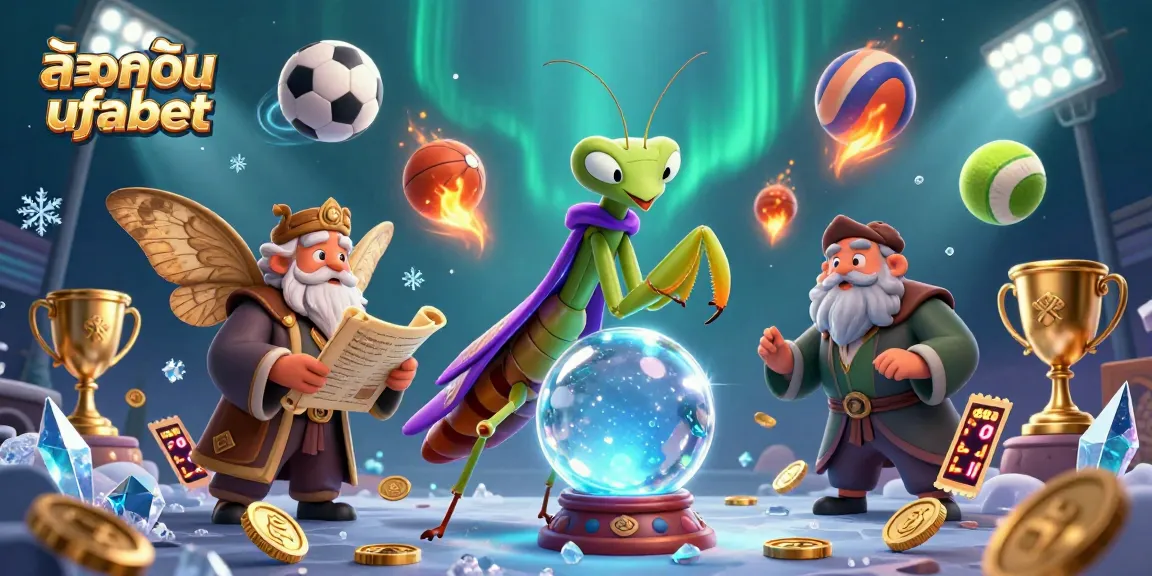 Engage with ล็อคอิน ufabet through a captivating 3D cartoon scene filled with fortune tellers and sports elements.