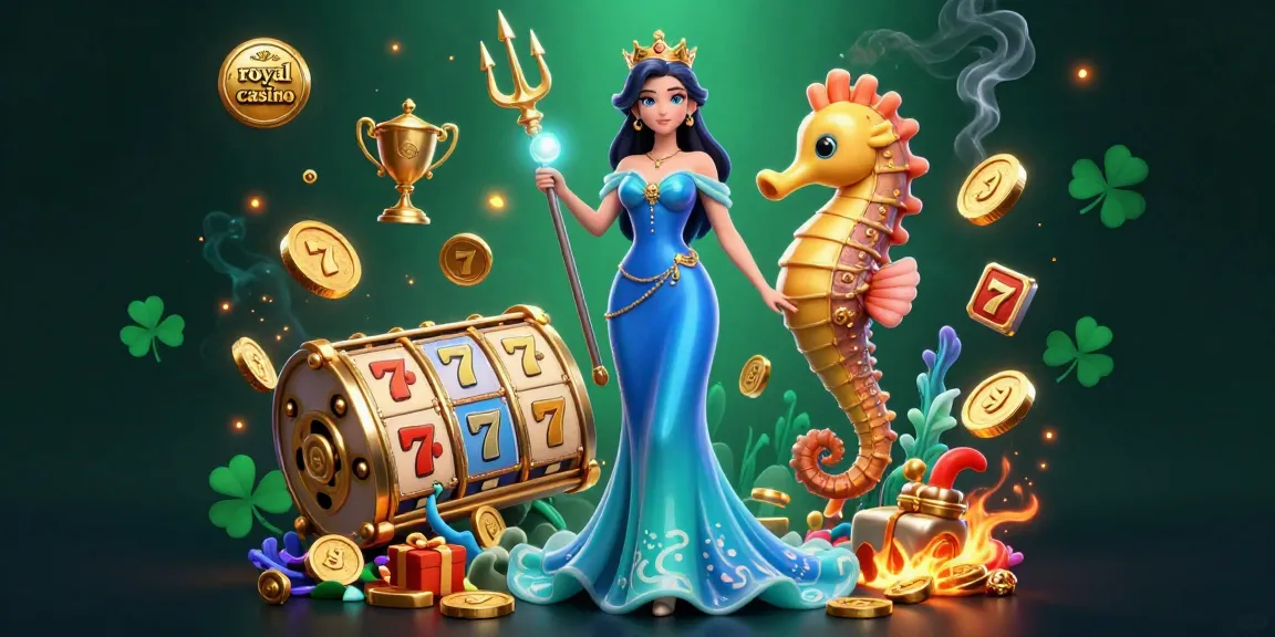 Experience royal casino excitement with a glamorous woman and underwater treasures in a vibrant gaming scene.