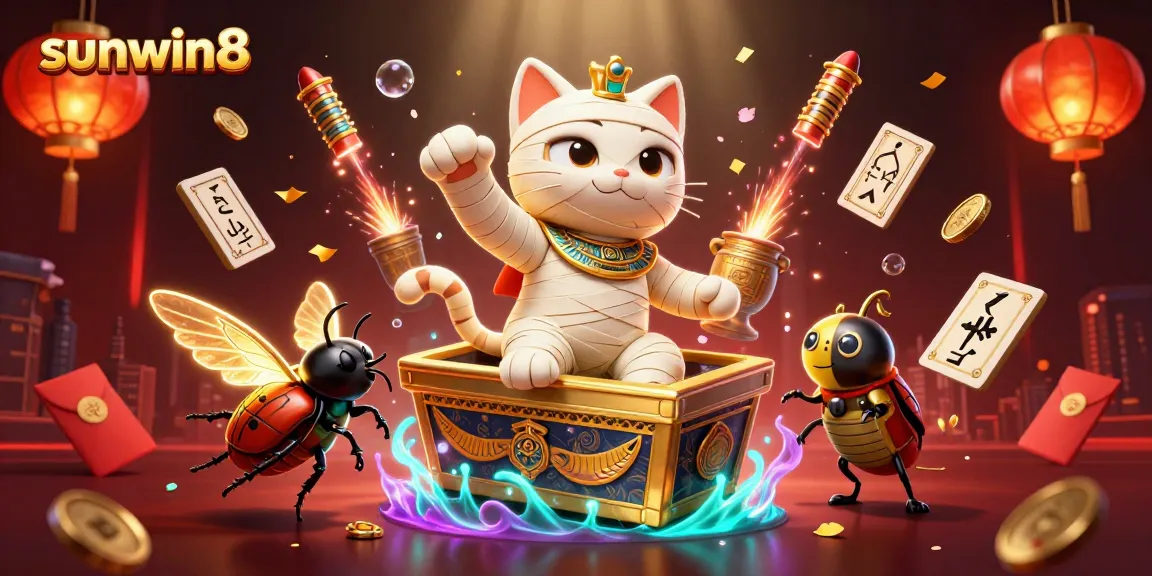 Spin and win with sunwin8's vibrant casino world featuring a mummy cat and scarab beetle.