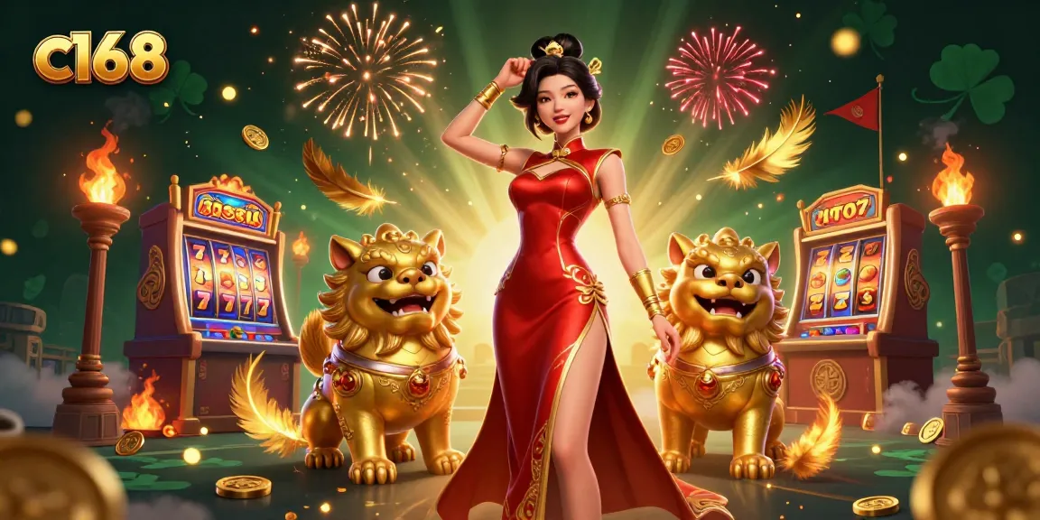 Experience immersive gaming action with c168's vibrant slot machine and festive atmosphere.