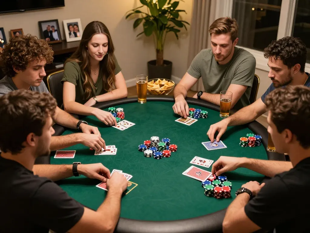 Engaging poker night with friends enjoying gaming strategies, showcasing 98win excitement through rich interactions.