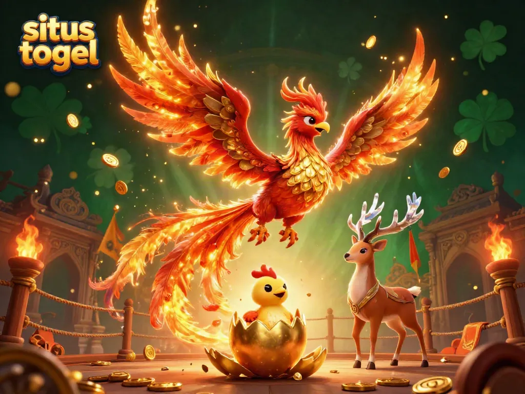 Engage in thrilling situs togel action with a phoenix and mystical stag amidst a vibrant casino scene.