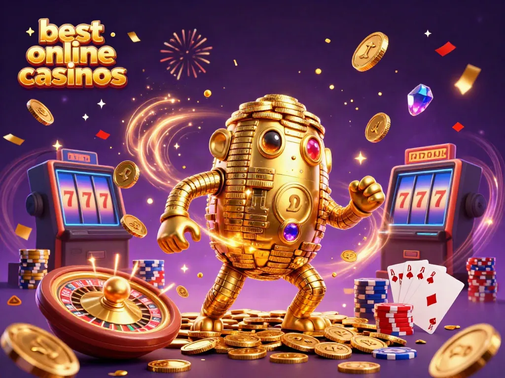 Experience excitement with the best online casinos, featuring a dynamic 3D golden golem and casino elements.