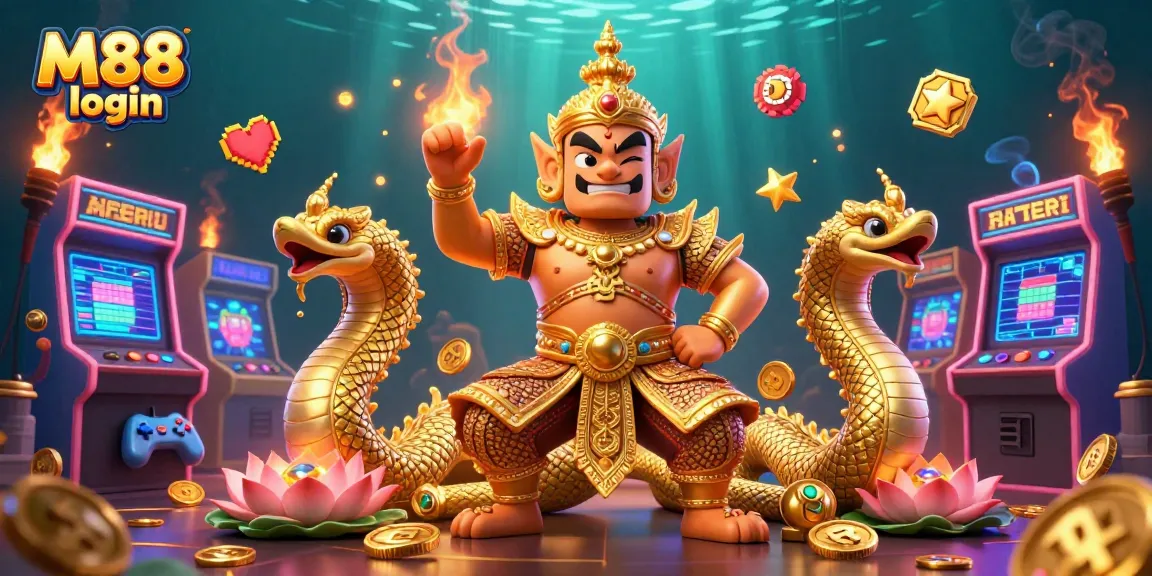 Engage in thrilling gameplay with M88 login, featuring vibrant casino elements and character dynamics.