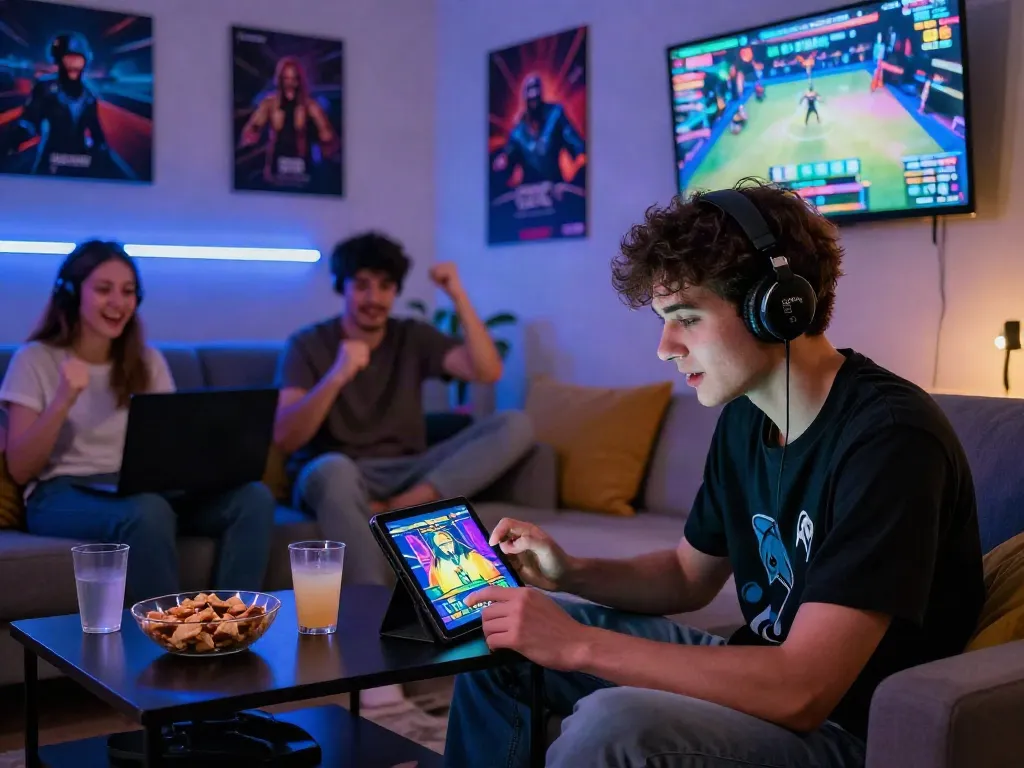 Exciting scene of a player enjoying slot gacor hari ini on a tablet in a cozy gaming setup.