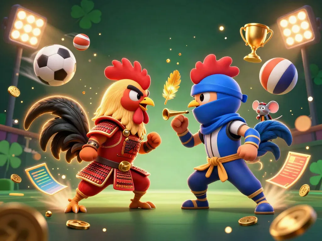 Onbet features a dynamic duel between cartoon roosters while showcasing sports betting elements in an engaging scene.