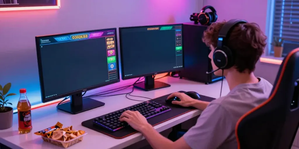 ROKOK88 slot login gaming setup with vibrant screen and accessories