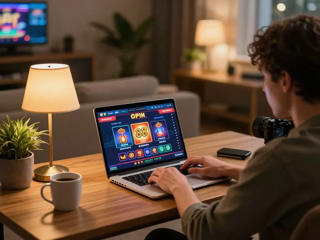 Engaging in strategic online gaming with open 88, showcasing a home setup for casino experience