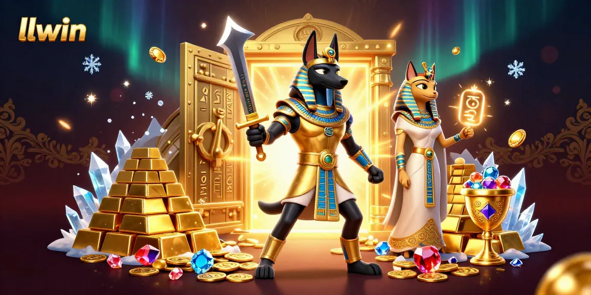 Engage in thrilling gameplay at llwin with ancient Egyptian warrior Anubis and Bastet amid a treasure-filled scene.