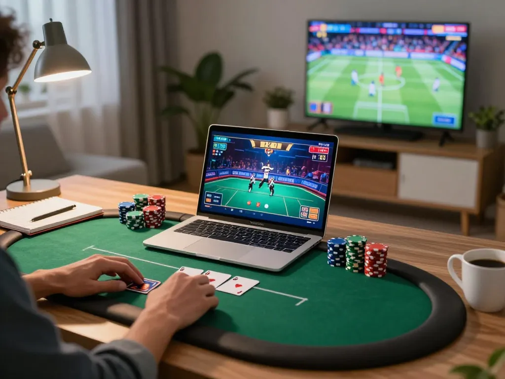 Person engaging intensely with cm88 com poker game on laptop, chips and strategy notes nearby in cozy home setup.