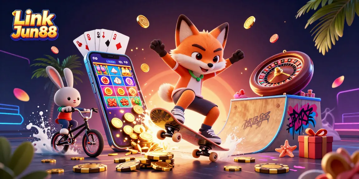 Experience the thrill of gaming with Link Jun88's vibrant 3D illustration showcasing exciting casino elements.