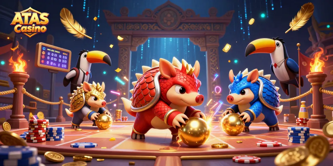 Play exciting games at ATAS Casino with rival pangolins competing amid golden poker chips.