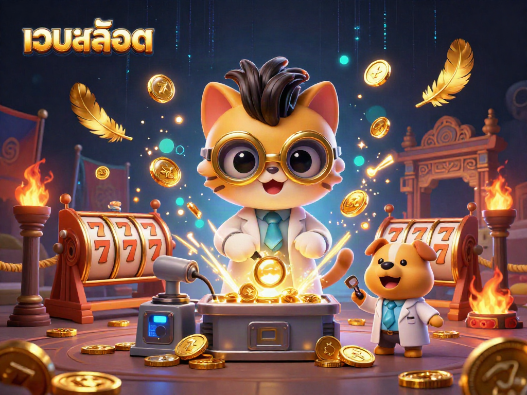 Experience thrilling เว็บสล็อต gameplay with a mad scientist cat and dog in a gold-filled casino scene.