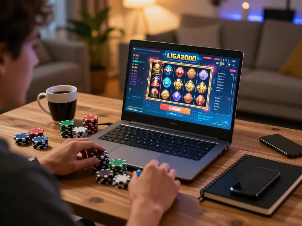LIGA2000 LOGIN displayed on laptop while enjoying an immersive online gaming experience.