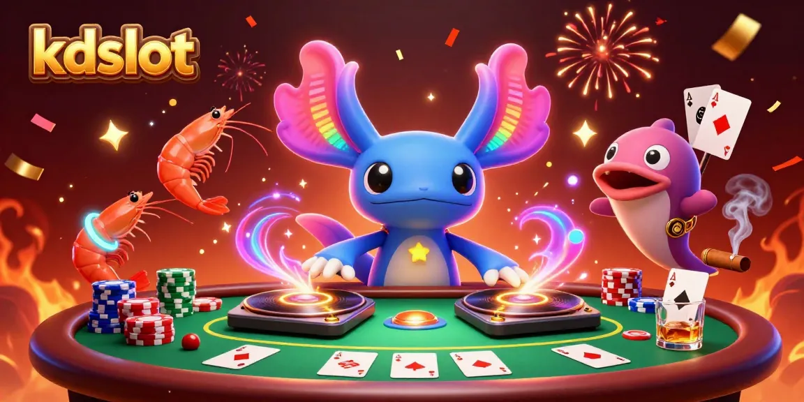 Experience thrilling gameplay on kdslot as a neon axolotl DJ spins magic at a lively poker party.