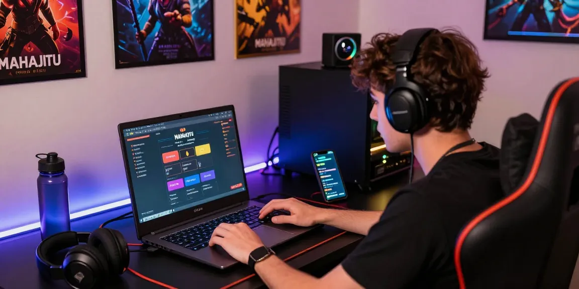 Engaged player enjoying Mahajitu online gaming experience with vibrant décor and modern tech setup.