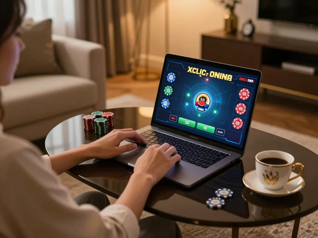 xóc đĩa online gaming experience with a sleek laptop, warm inviting atmosphere.