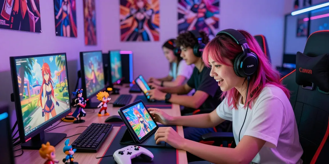 Gamers enjoying hentai games on multiple devices in a vibrant setup