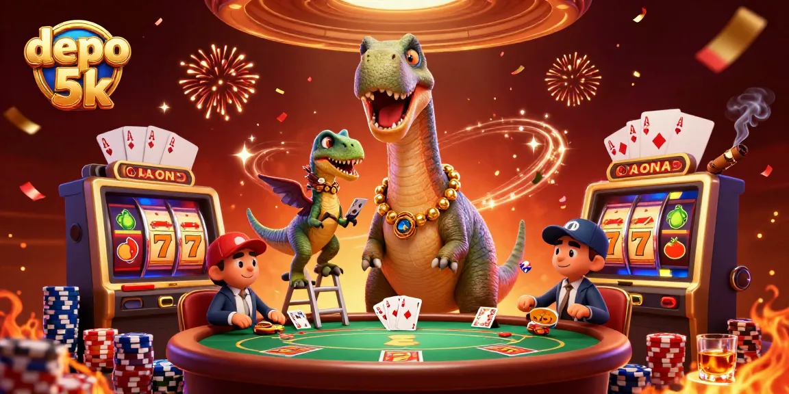 Experience the thrill of depo 5k at this vibrant casino scene with a towering brontosaurus!