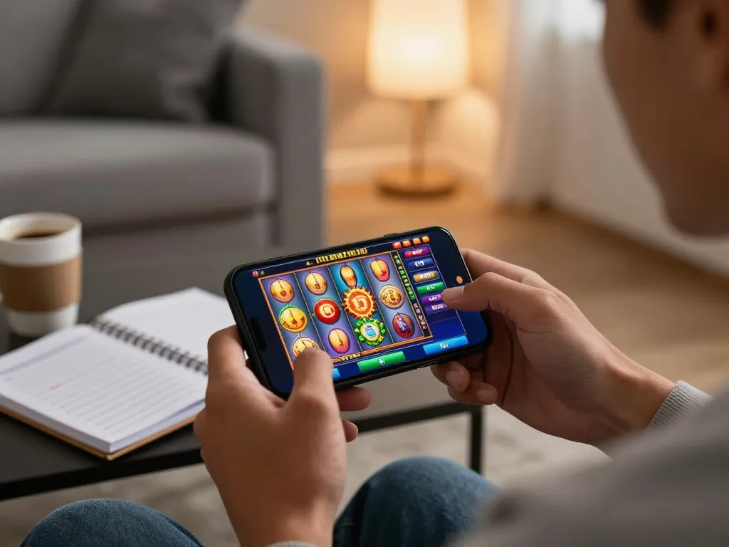 Player enjoying situs gacor slots on smartphone in cozy living room with strategy notes.