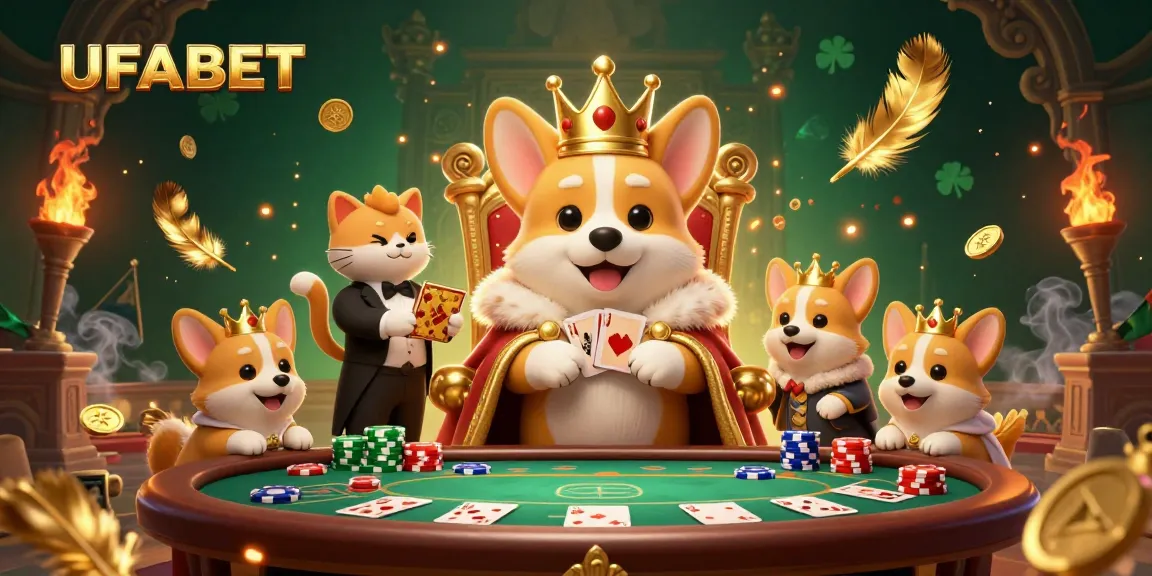 Experience thrilling games at UFABET, featuring a royal corgi king and poker elements in a vibrant casino scene.