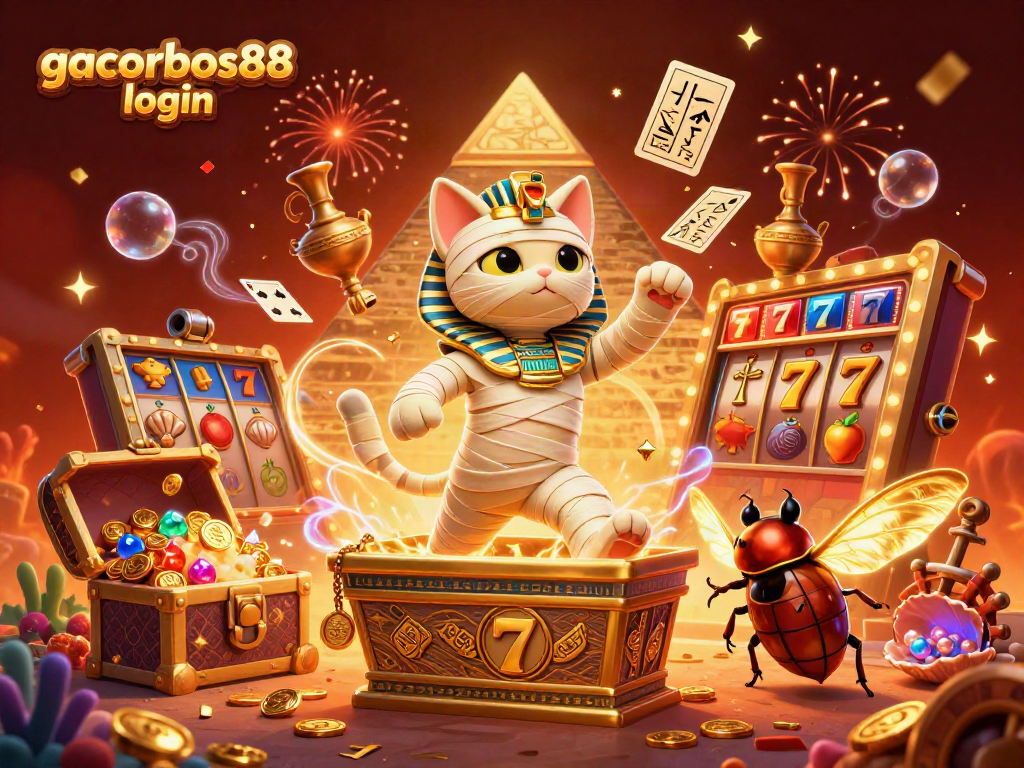 Join the action with gacorbos88 login at the pyramid casino, featuring a mummy cat and slot machine excitement.