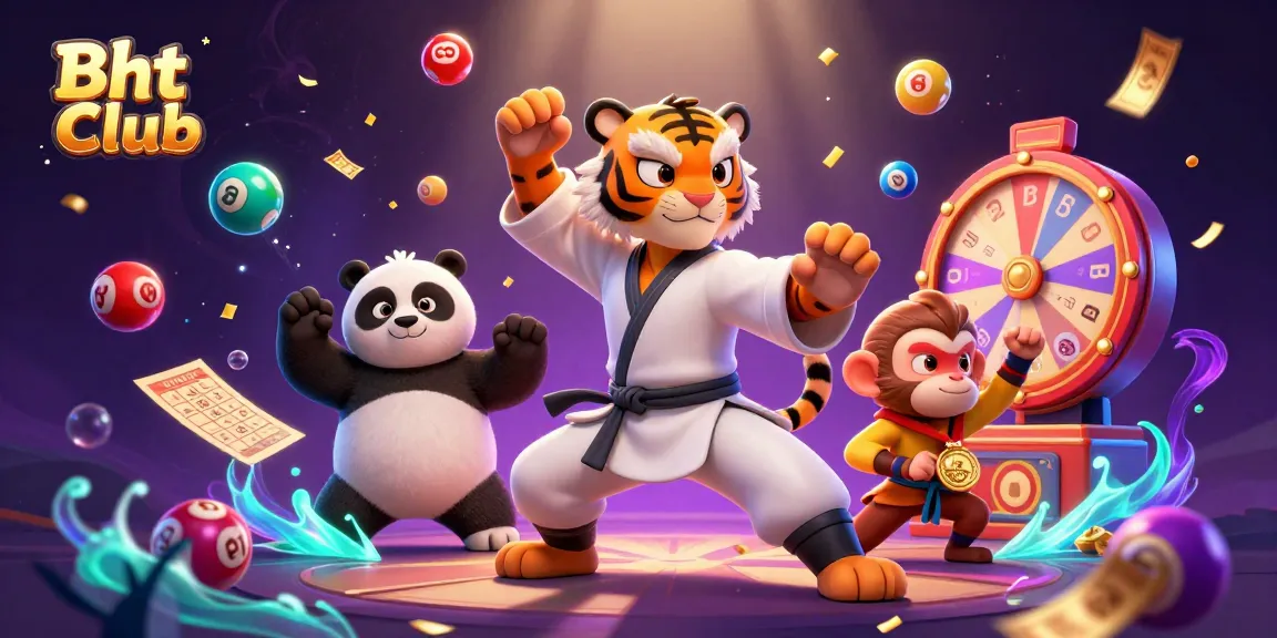 Bht Club showcases a dynamic 3D illustration with a kung fu tiger master, lottery elements, and vibrant casino features.
