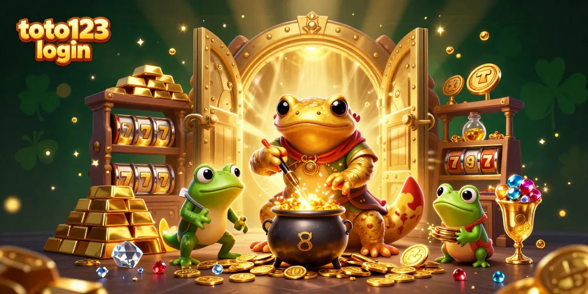 Toto123 login to explore a vibrant, dynamic 3D casino scene with gold coins and jackpots.