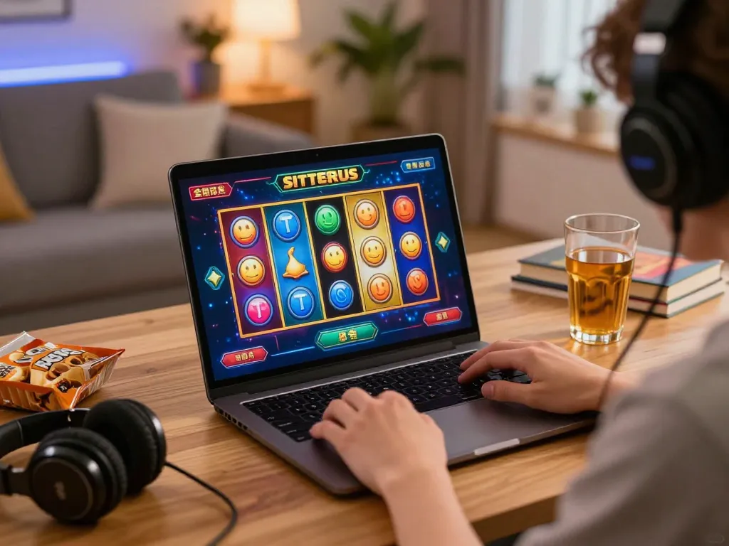 Situs slot gameplay session on a laptop, vibrant graphics, cozy home office atmosphere.