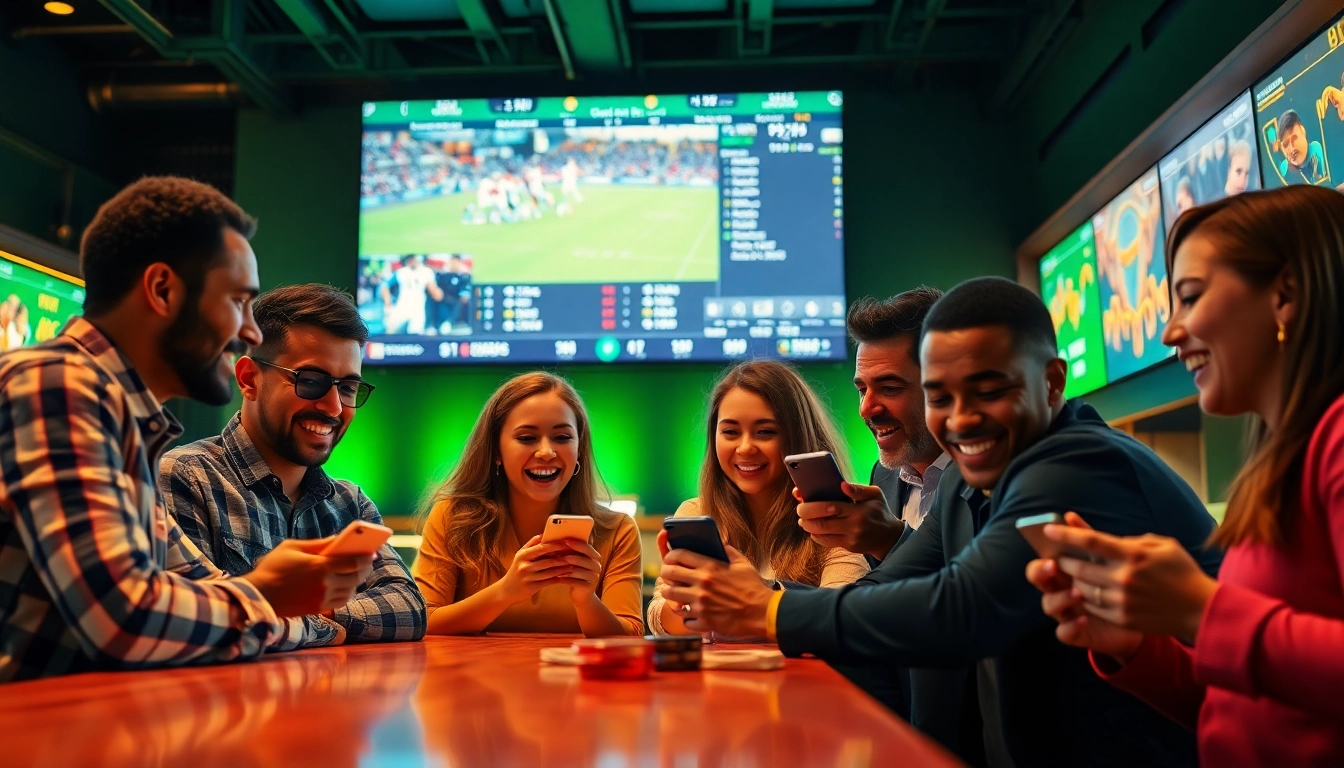 Engaged individuals enjoying Sports Betting in a vibrant sports bar atmosphere.