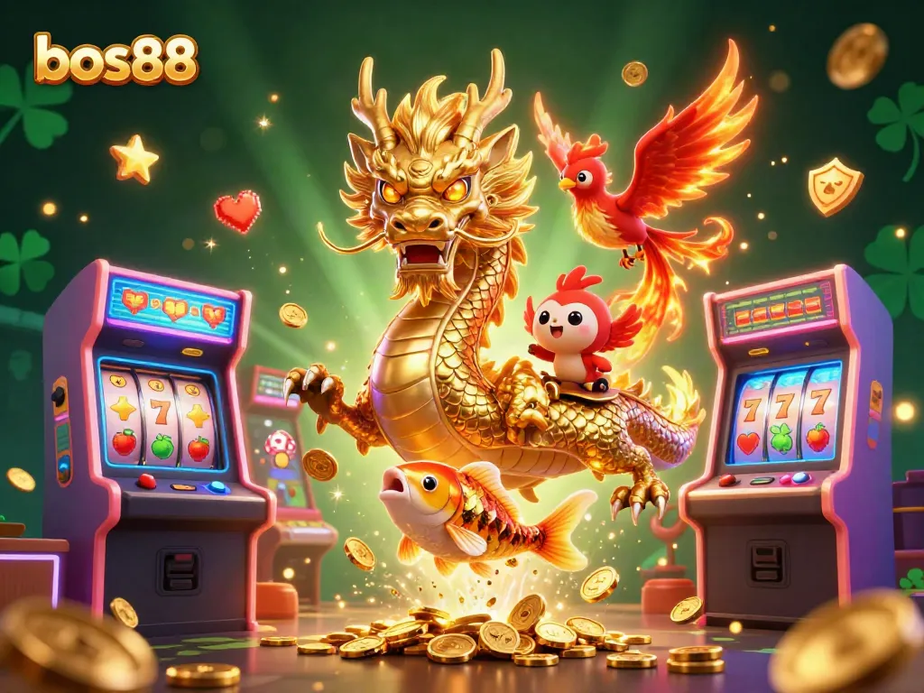Engage in thrilling gameplay with bos88 featuring a dragon, phoenix, and koi fish amidst a vibrant casino scene.