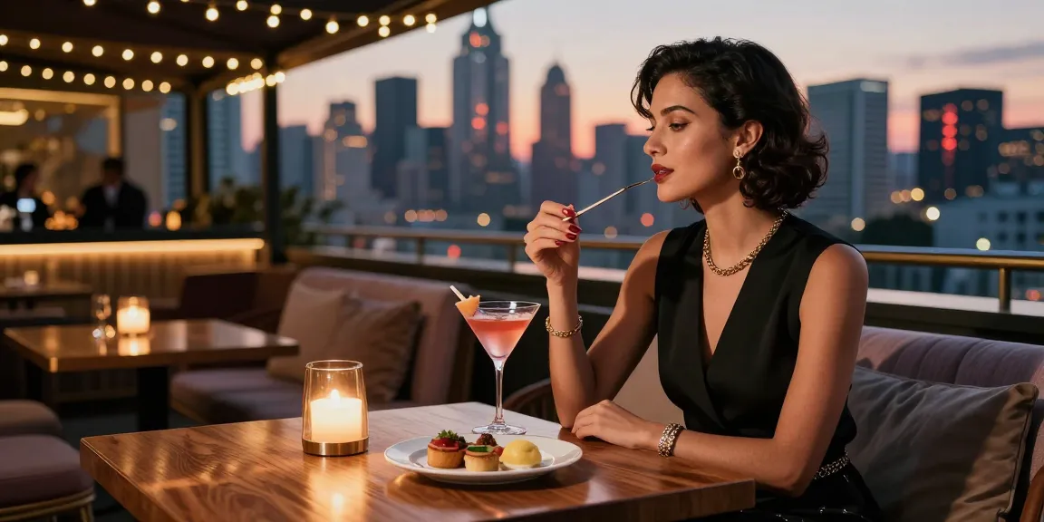 Suasana mewah luxury111 di rooftop bar kota dengan koktail dan pencahayaan hangat.