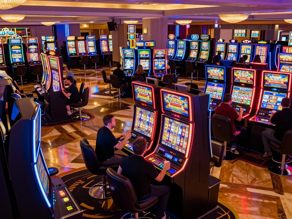 Engaged players using casinosscope to enjoy colorful slot machines in a lively casino